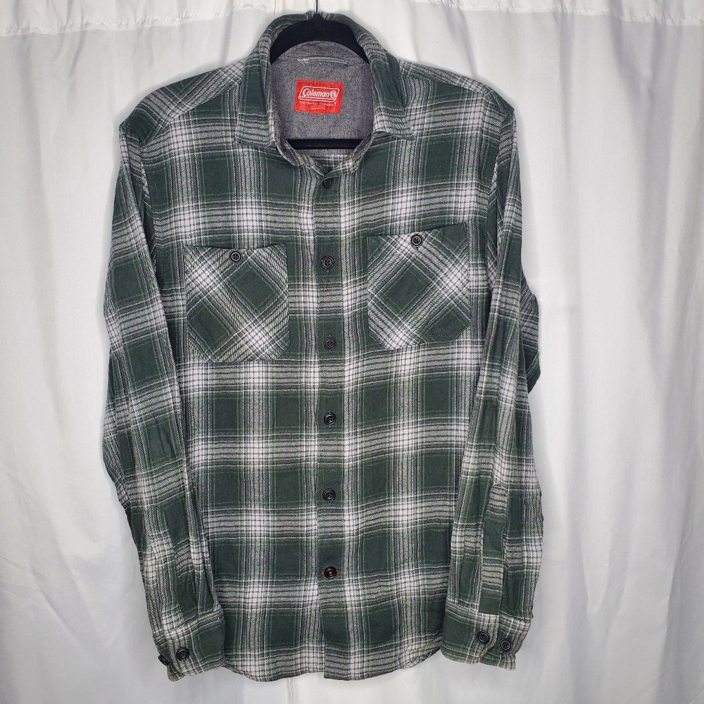 ♡ Coleman Green and Gray Plaid Flannel Button Up Shirt Long-sleeved Size Medium